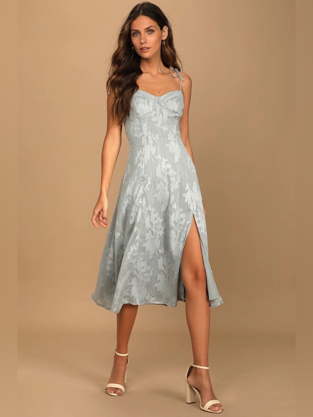 Loveliest Looks Dusty Blue Floral Jaquard Tie-Strap Midi Dress